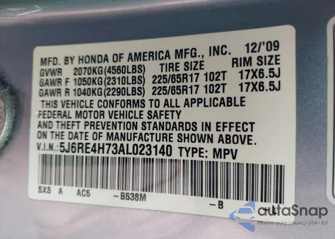 2010 Honda Cr-V Ex-L from USA, damaged, VIN 5J6RE4H73AL023140